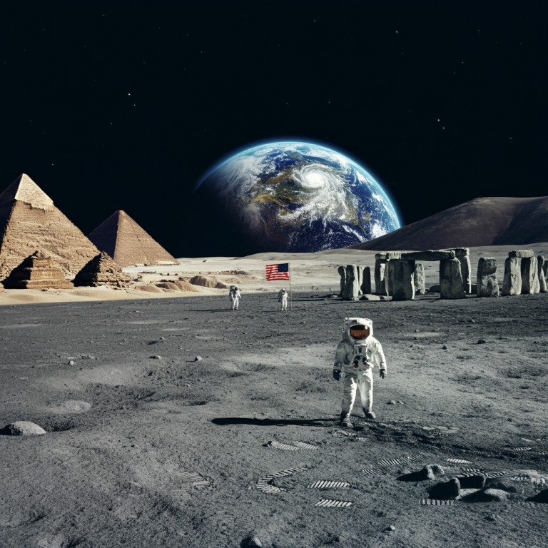 Ein Bild aus dem Weltraum. Vorne steht ein Astronaut, hinter ihm auf der rechten Seite steht Stonehenge. Mittig hinter ihm stehen zwei weitere Astronauten, einer von ihnen hat die USA-Flagge in der Hand, welche bei der Mondlandung hinterlassen wurde. Links von den Astronauten stehen die Pyramiden von Gizeh. Im Hintergrund mittig sieht man die Erde und rundherum Sterne.